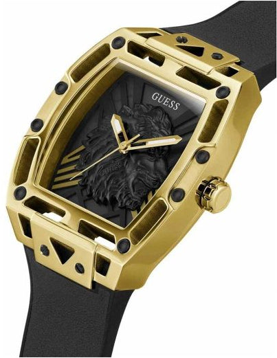 Guess GW0595G1 watch worn on wrist showing gold case and black strap