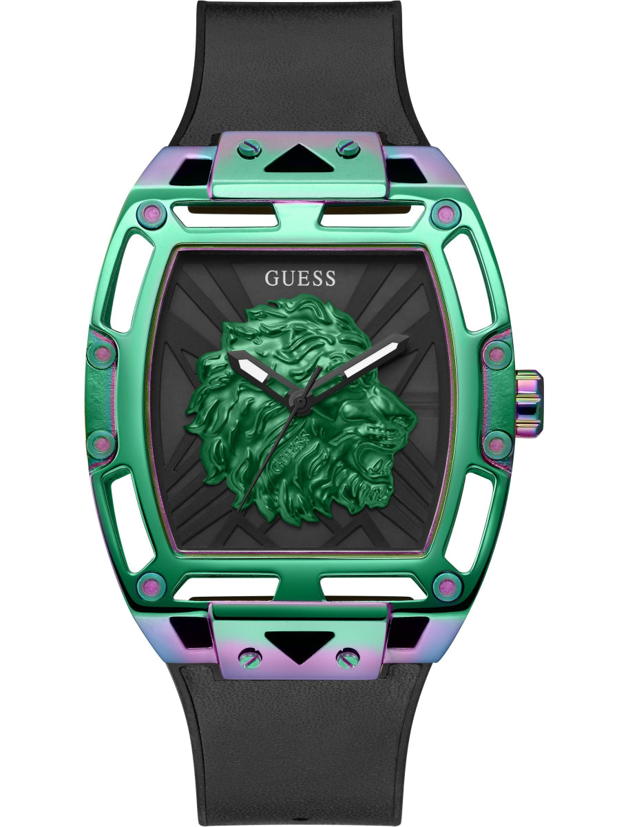 Guess GW0595G3 men's watch with green and purple case and green dial featuring head artwork