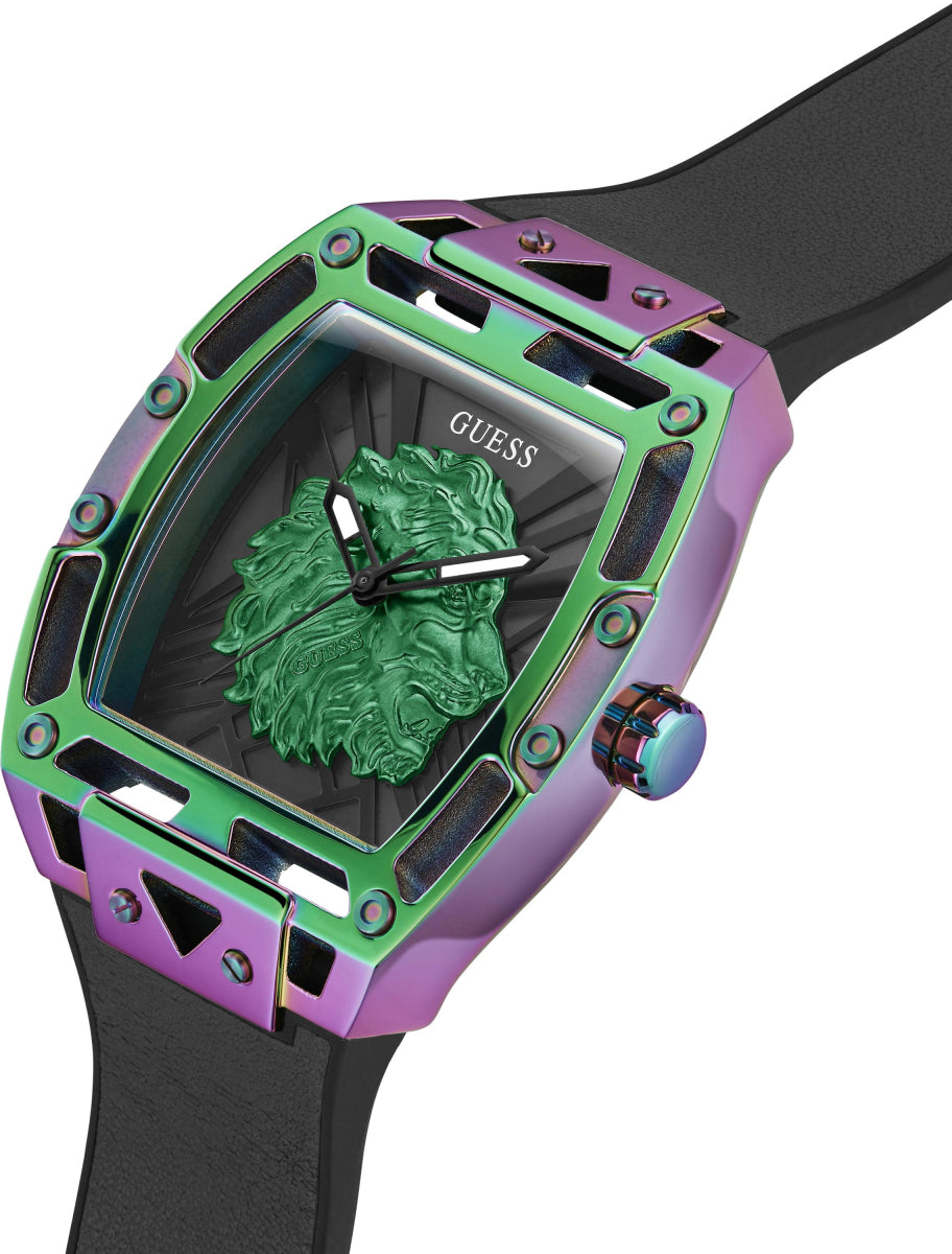 Guess GW0595G3 watch at angle showing green case, purple accents, and black rubber strap
