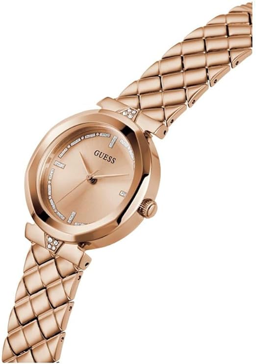 GUESS GW0613L3 rose gold ladies watch angled view with quilted strap and dial