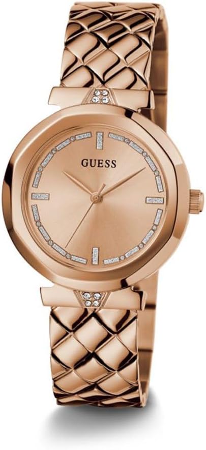 GUESS rose gold tone analog watch front view with beaded dial markers and quilted strap