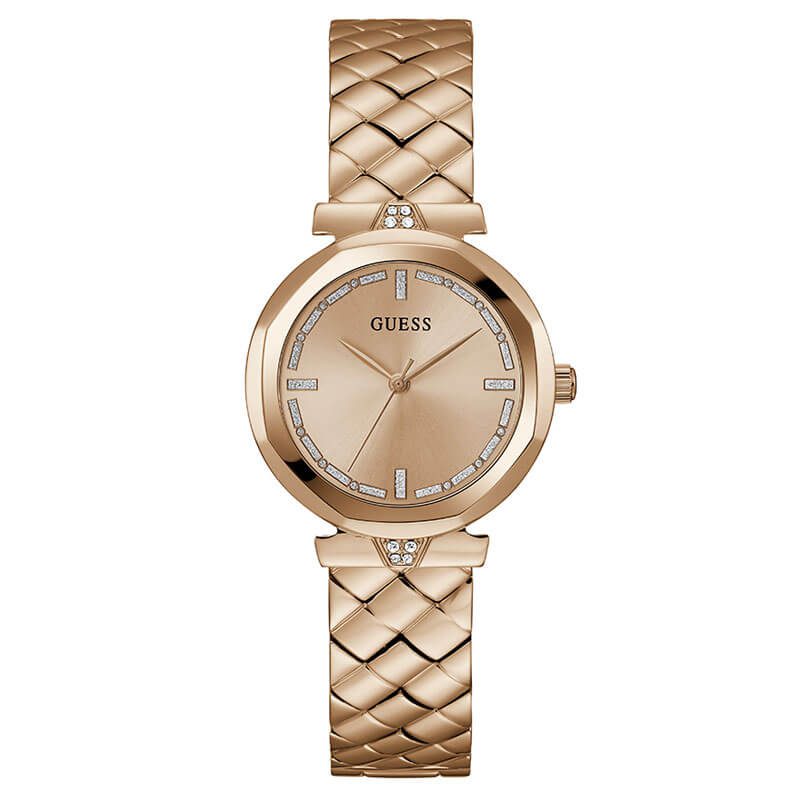 GUESS rose gold tone women's watch with quilted strap and crystal-accented dial