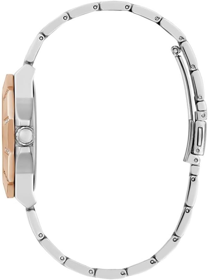 Guess GW0616L3 watch side profile showing rose gold and silver bracelet