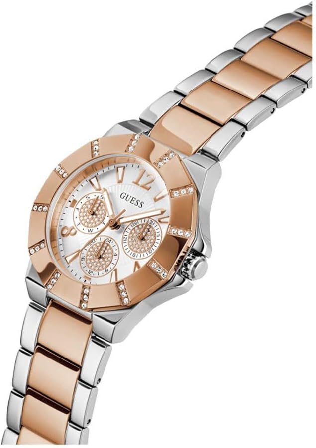 Guess GW0616L3 angled view of rose gold and silver watch with subdials and bezel