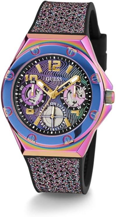 Guess GW0620L4 watch at three-quarter angle showing purple case and black glitter strap