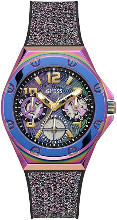Guess GW0620L4 multifunction women's watch with purple dial, blue bezel, and black glitter rubber strap