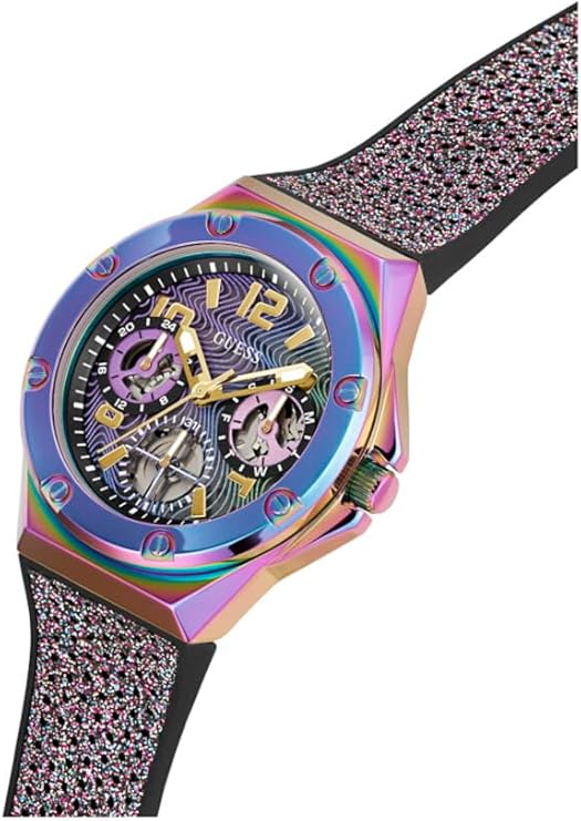 Guess GW0620L4 multifunction watch worn on wrist with purple case and glitter strap visible