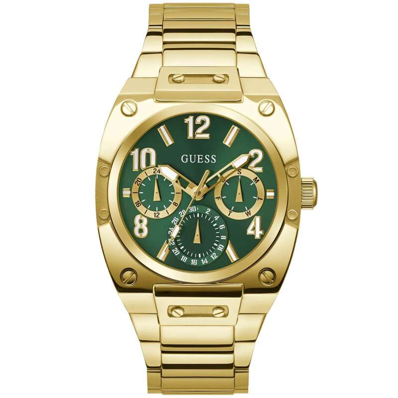 Guess GW0624G2 gold rectangle watch with green dial and multi-function chronograph