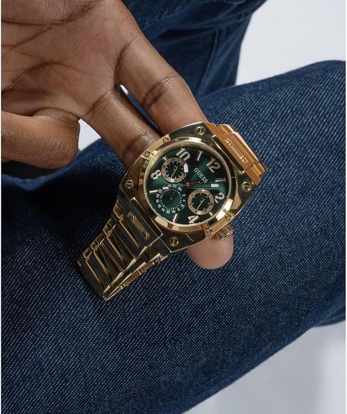 Close-up on-wrist view of Guess GW0624G2 gold multi-function chronograph watch