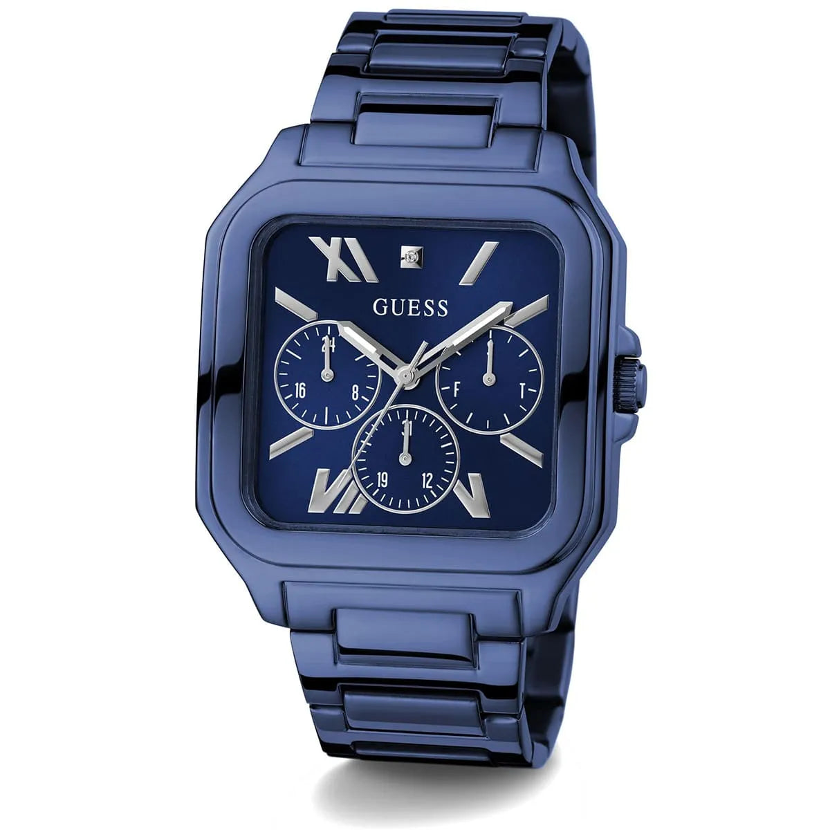 Guess GW0631G3 blue square dress watch with three subdials and metal bracelet at side angle