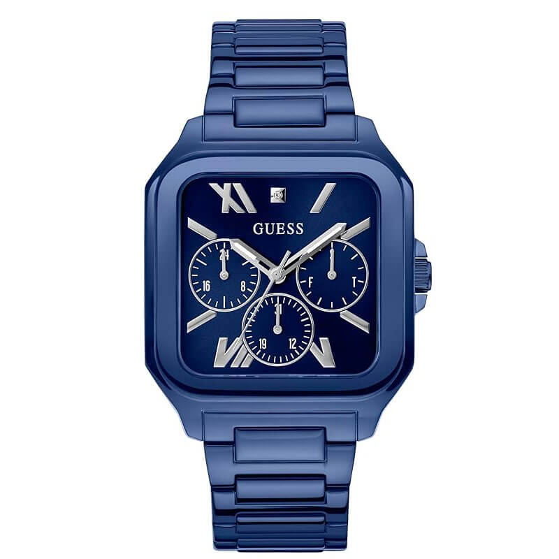 Guess GW0631G3 blue square watch with multifunction chronograph dial and blue stainless steel bracelet