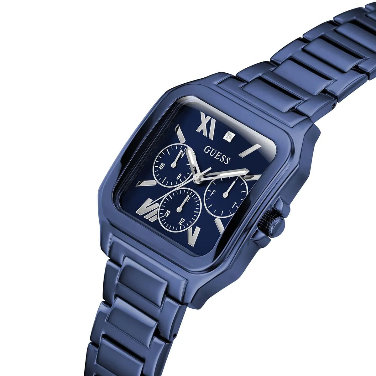Guess GW0631G3 blue watch displayed at side profile showing case depth and bracelet