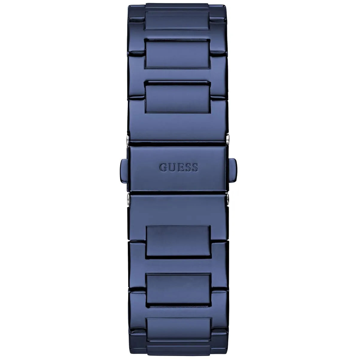 Guess GW0631G3 blue stainless steel metal bracelet shown flat with GUESS branding