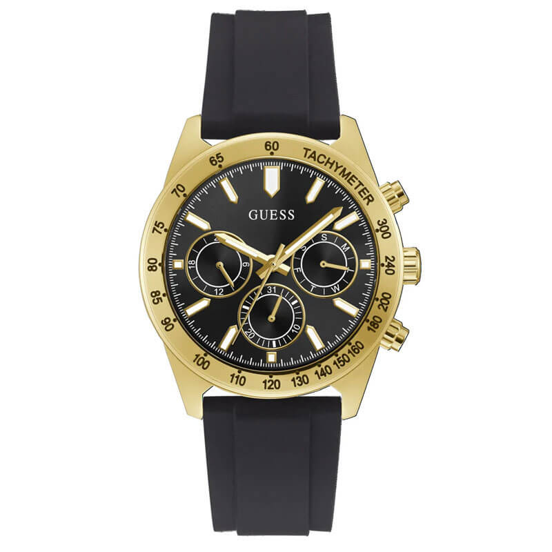 Guess GW0632G2 gold chronograph watch with black dial and tachymeter bezel