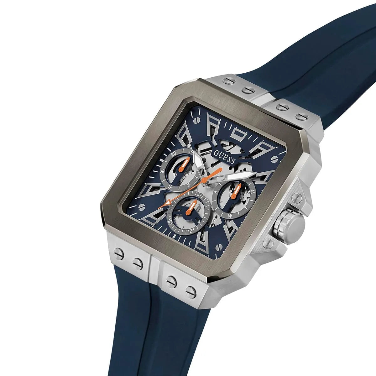 Side angle of Guess GW0637G1 chronograph watch displaying strap and case profile