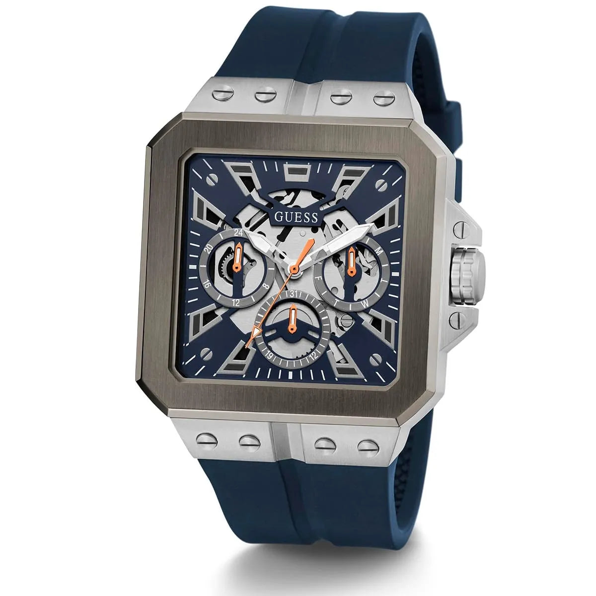 Angled view of Guess GW0637G1 showing square chronograph case with navy rubber strap