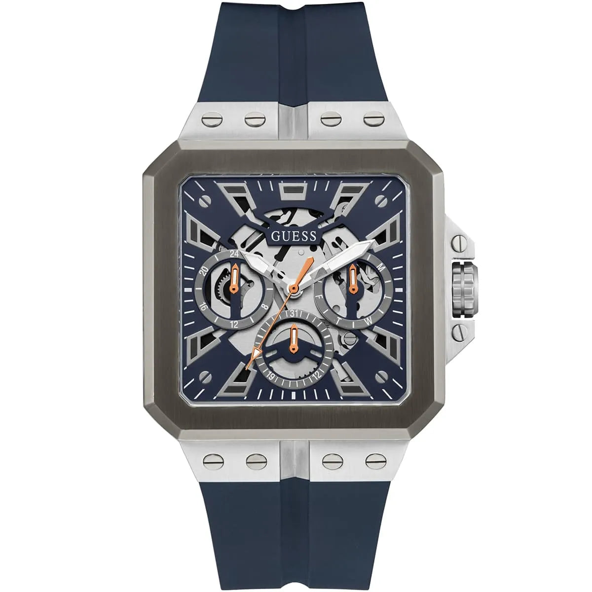 Front view of Guess GW0637G1 chronograph watch with three subdials and textured navy face