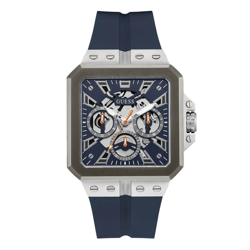 Guess GW0637G1 42mm men's watch with navy chronograph dial, square steel case, and navy rubber strap