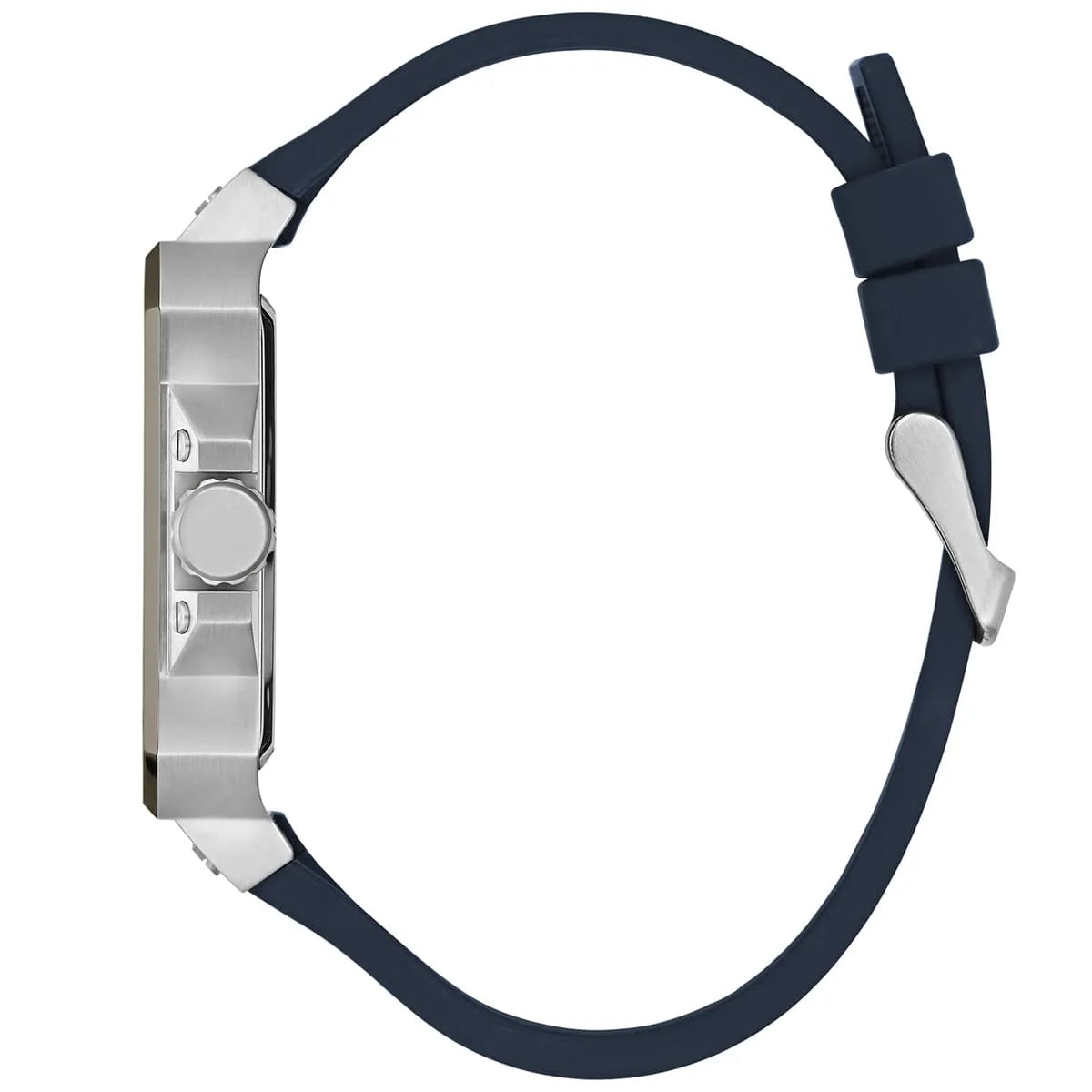 Side profile of Guess GW0637G1 with navy rubber strap and steel case detail