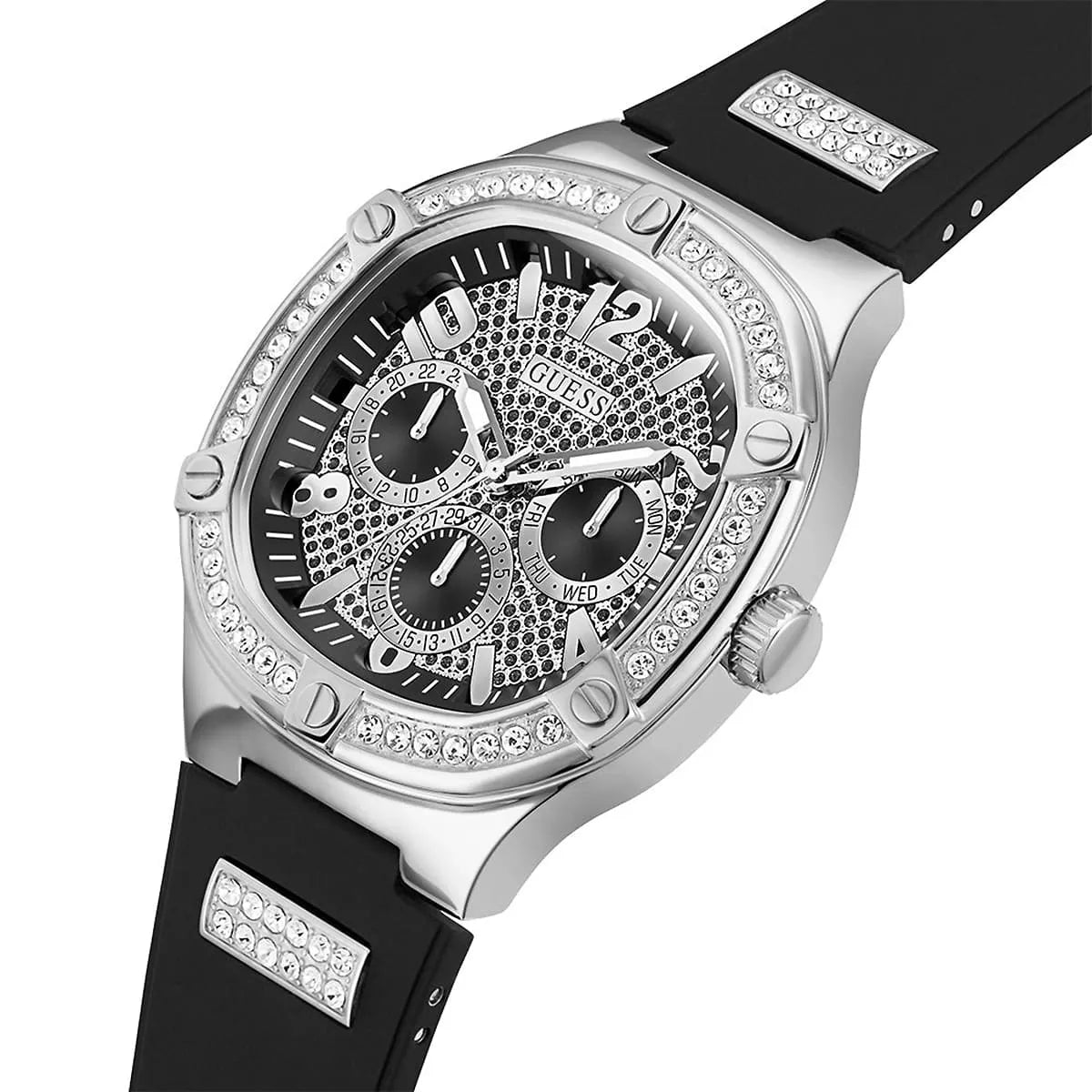 GUESS GW0641G1 watch displayed at angle showing crystal bezel and black rubber strap