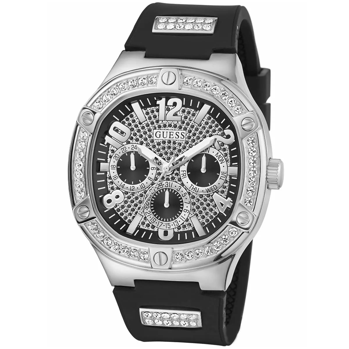 GUESS GW0641G1 men's chronograph watch with crystal bezel, black dial, and black rubber strap