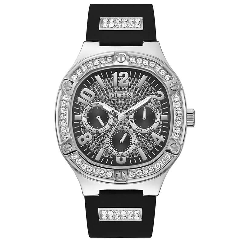 GUESS GW0641G1 men's watch with crystal bezel, chronograph dial, black rubber strap and box
