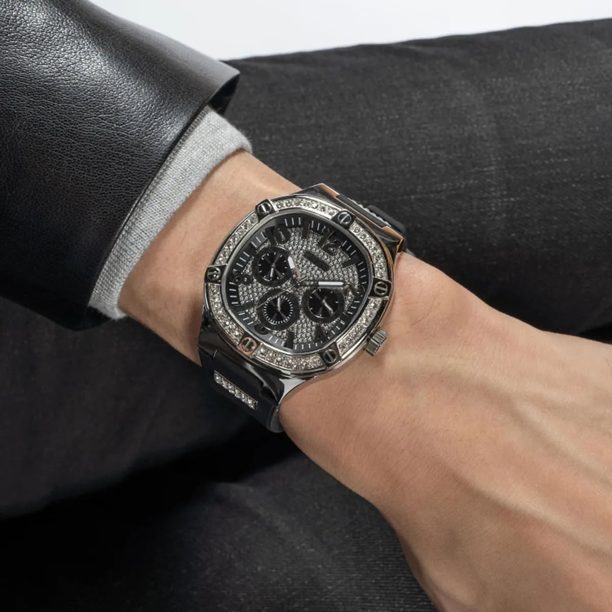 GUESS GW0641G1 men's watch worn on wrist with crystal bezel and chronograph dial