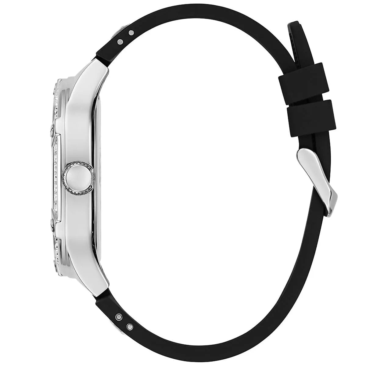 GUESS GW0641G1 men's watch side view showing crystal-set case and black rubber strap