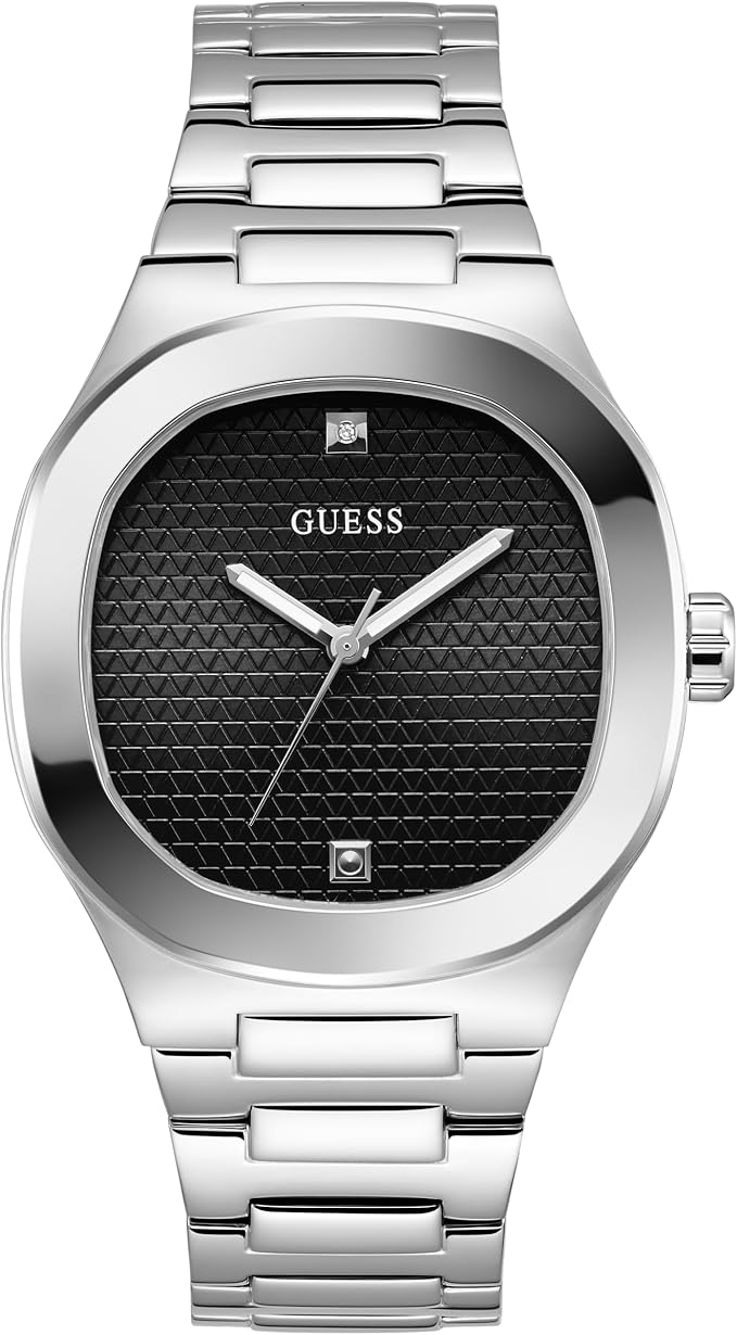 GUESS 42mm analog watch with silver-tone stainless steel case, black dial, and matching bracelet