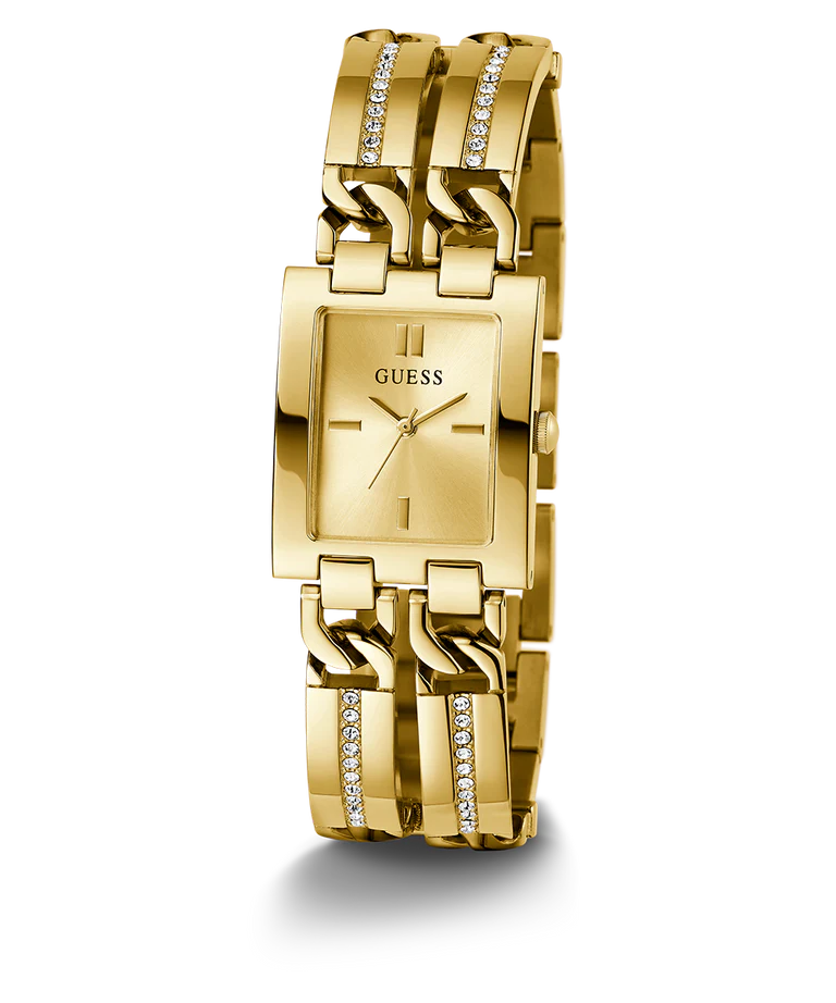 Guess GW0668L2 gold tone watch displayed at angle showing dial and crystal-accented bracelet