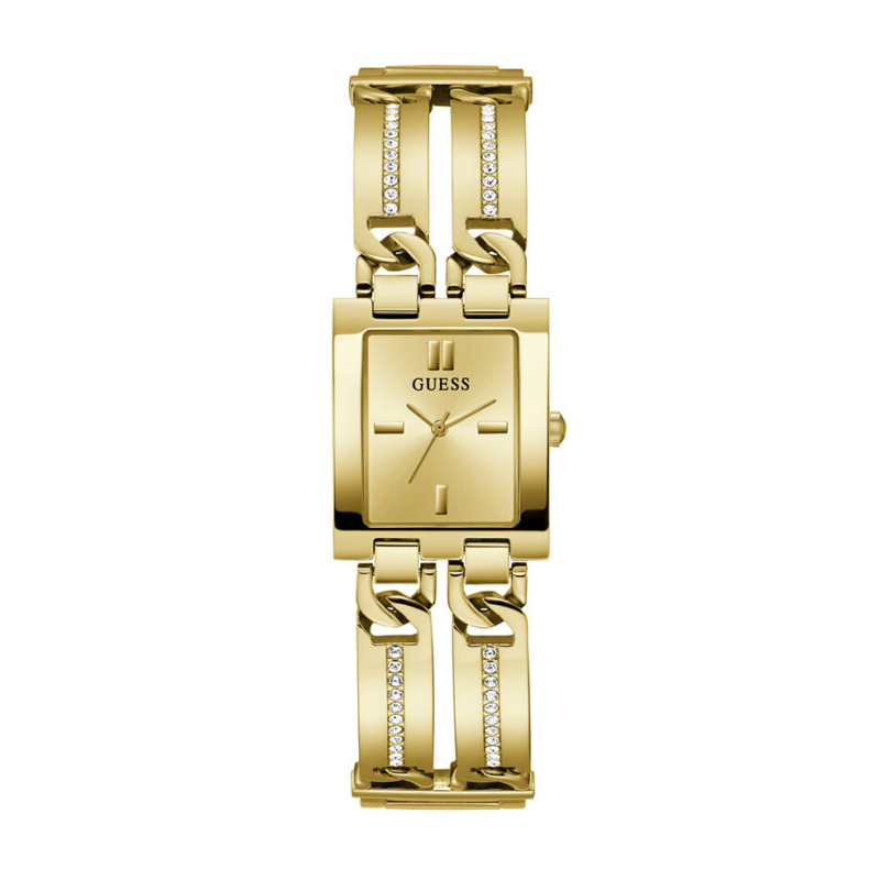 Guess GW0668L2 gold tone ladies watch with rectangular dial and chain-link bracelet