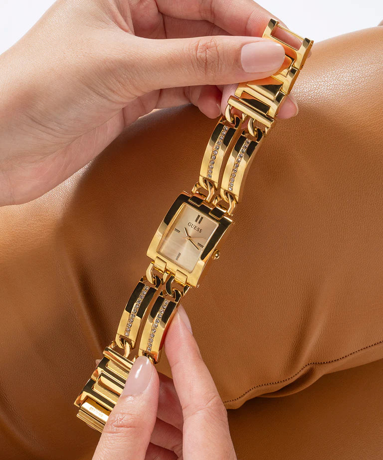 Guess GW0668L2 watch on wrist showing chain-link design and rectangular dial