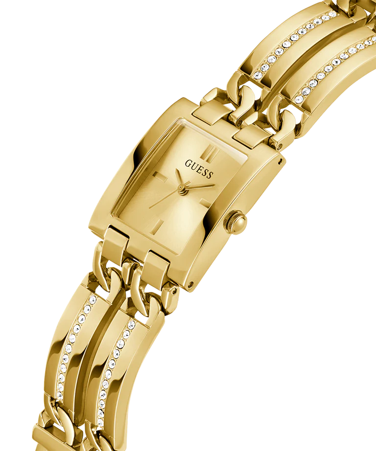 Guess GW0668L2 watch shown from side with rectangular case and embellished strap