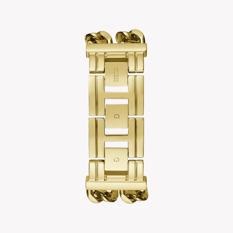 Guess GW0669L1 women's watch caseback showing gold bracelet construction