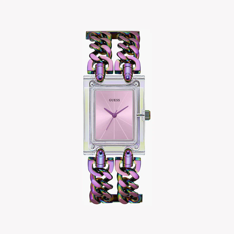 Guess GW0669L2 women's watch with pink rectangular dial and purple multicolor chainlink strap