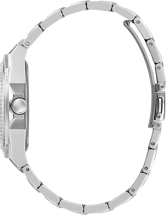 GUESS GW0685L1 side view showing silver tone case and metal bracelet band