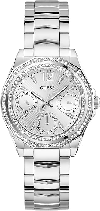 GUESS silver tone multi-function ladies watch with crystal bezel and three sub-dials