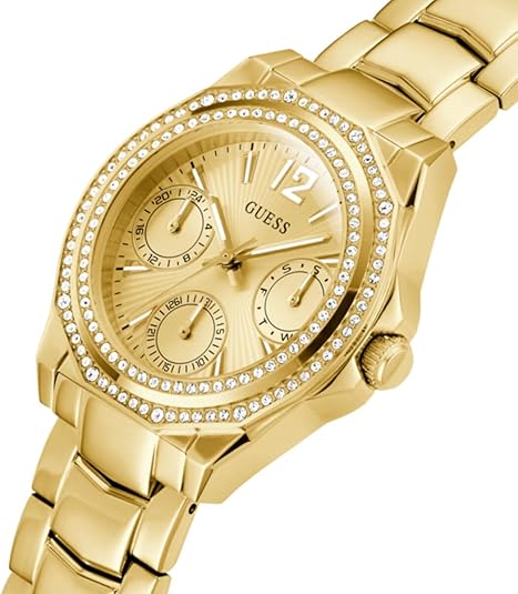 GUESS multifunction watch at angle showing crystal bezel and dual subdials