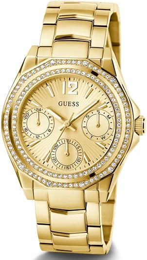 Gold-tone GUESS multifunction watch with crystal bezel and three subdials