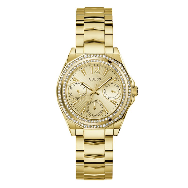 GUESS gold-tone multifunction women's watch with crystal bezel and dual subdials