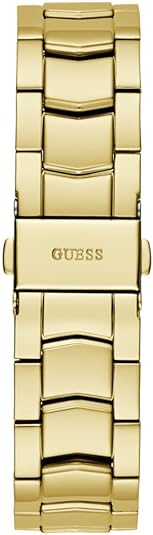 Gold-tone link bracelet strap with GUESS branding and deployment clasp