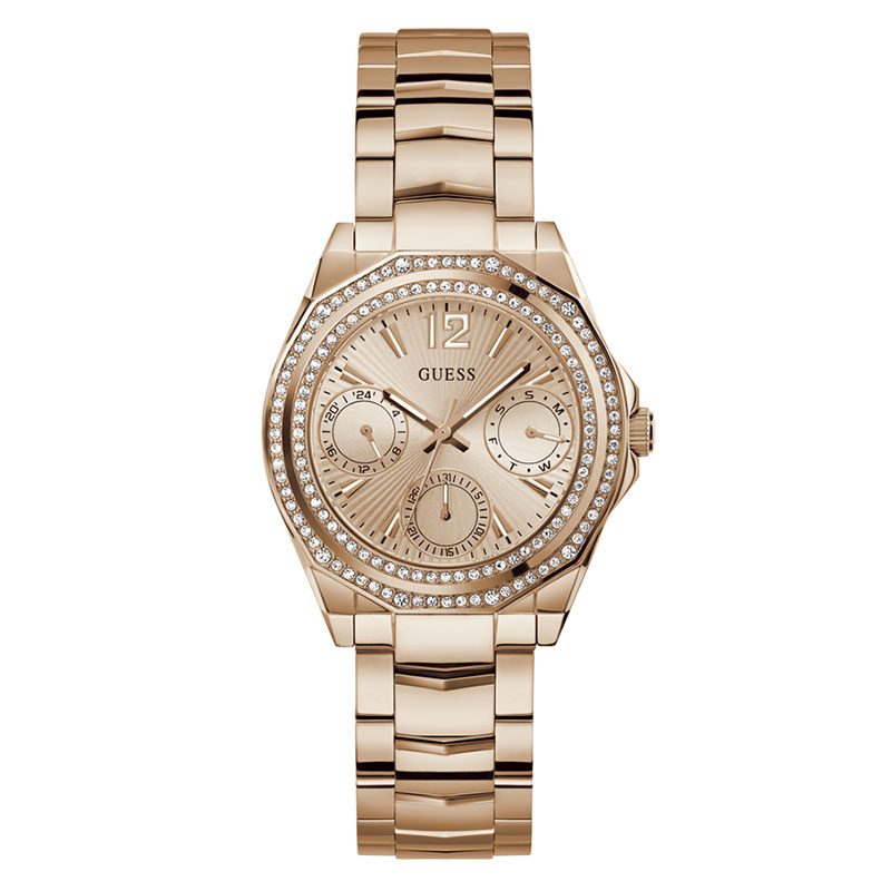 Guess rose gold women's watch with crystal bezel and multi-function dial