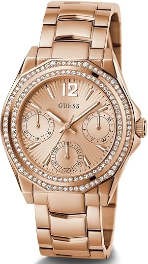 Front view of Guess rose gold watch with three sub-dials and crystal bezel