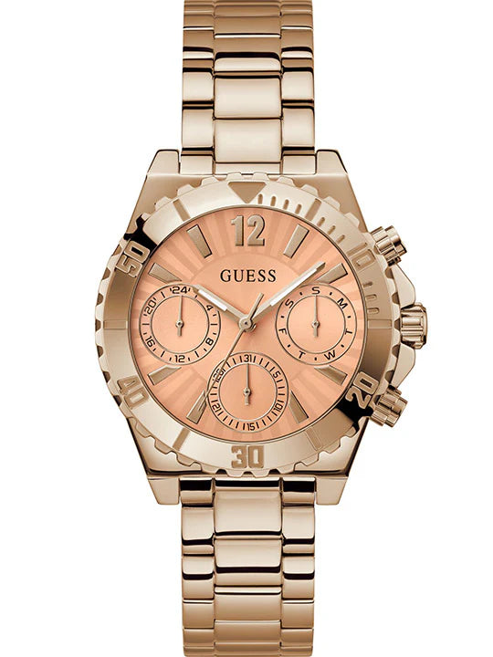 GUESS GW0696L3 rose gold chronograph watch with three subdials and rose dial