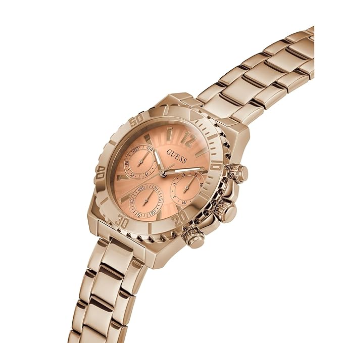 GUESS GW0696L3 rose gold watch worn on wrist showing chronograph subdials