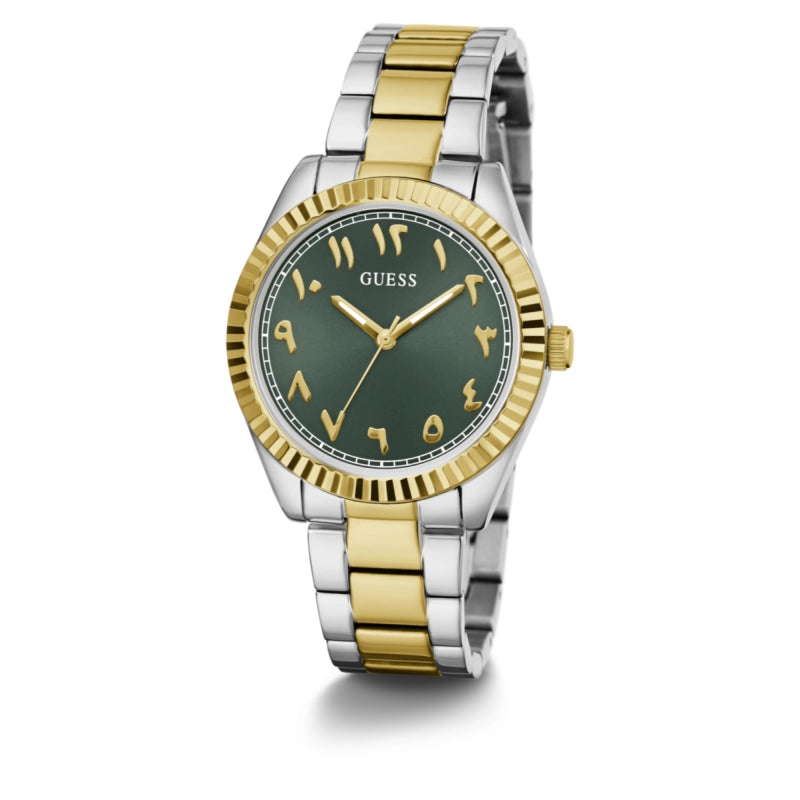 GUESS GW0735L2 watch on wrist showing full dial and two-tone bracelet detail