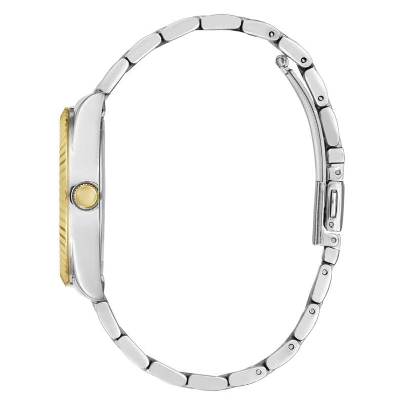 GUESS GW0735L2 caseback view showing stainless steel case and bracelet folded display