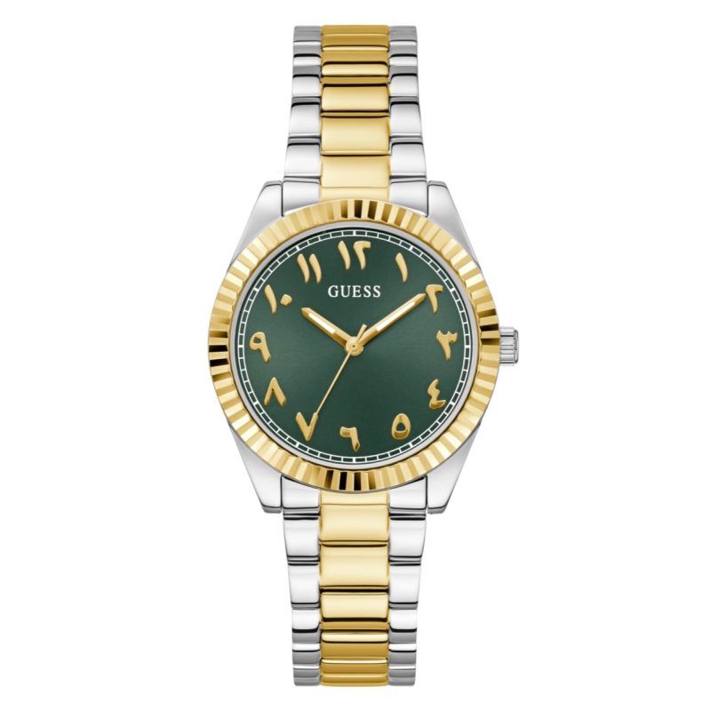 GUESS GW0735L2 women's watch with green brass dial, gold and silver stainless steel bracelet, analog movement