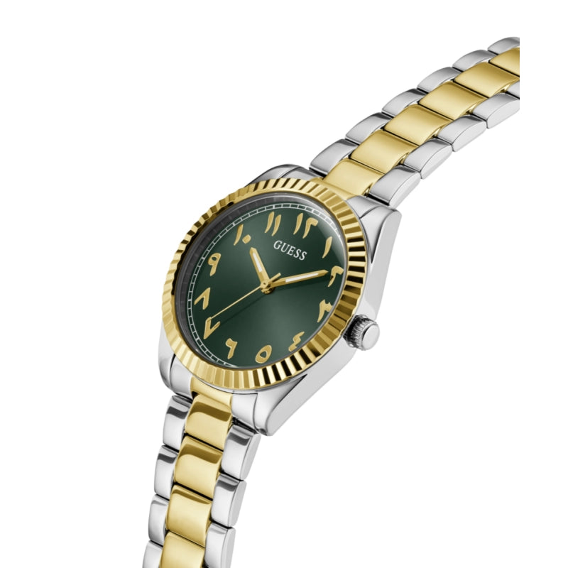 GUESS GW0735L2 side profile showing watch case thickness and two-tone stainless steel bracelet