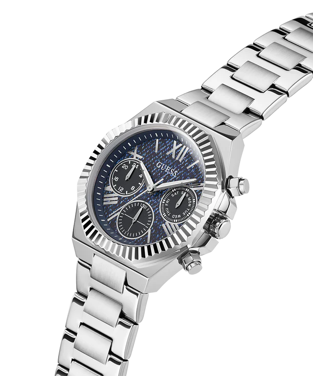 GUESS GW0769L1 multi-function ladies watch side angle showing silver stainless steel bracelet